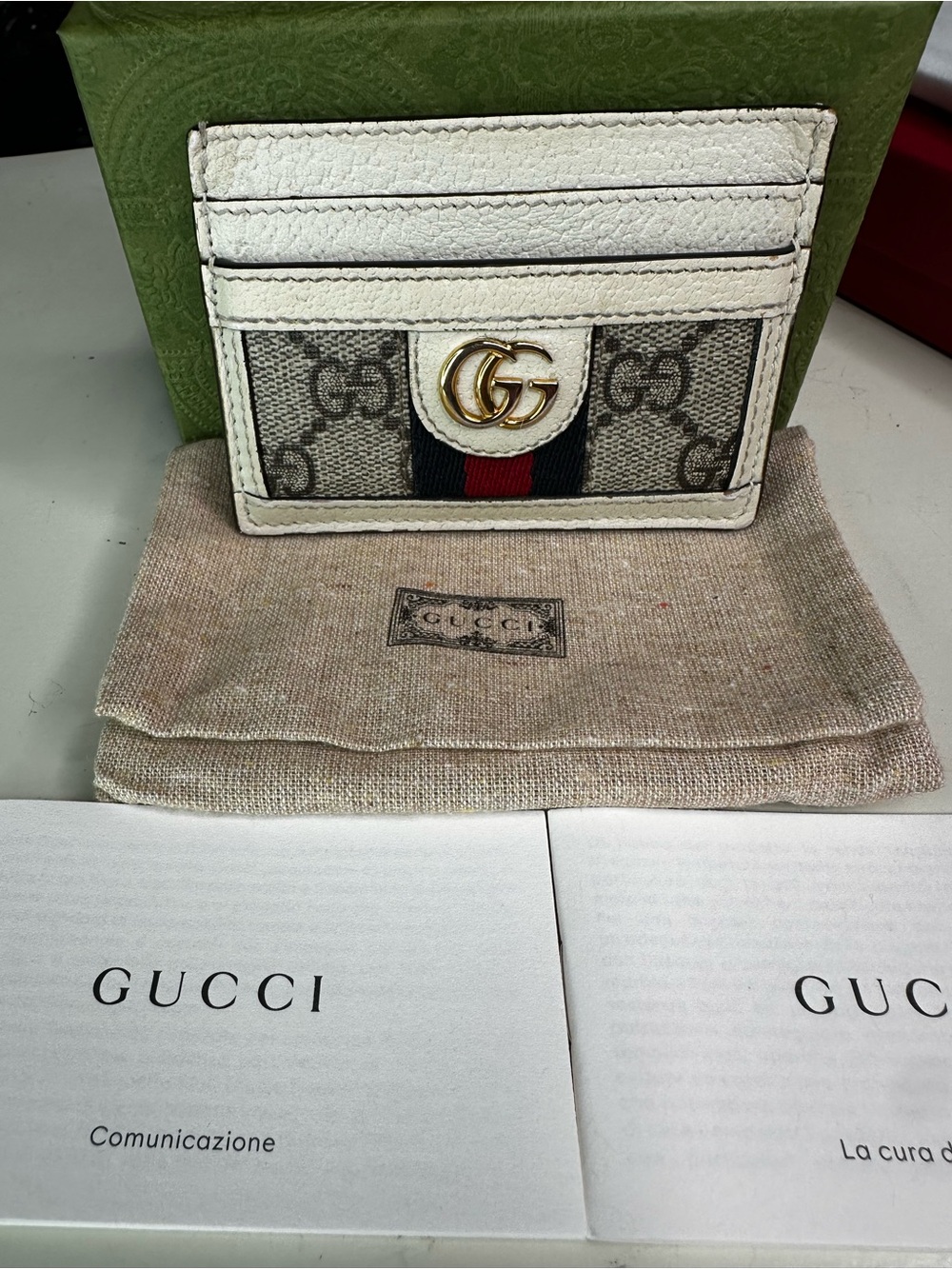 Gucci GG Supreme Card Case with Web Stripe - Beige & Ivory